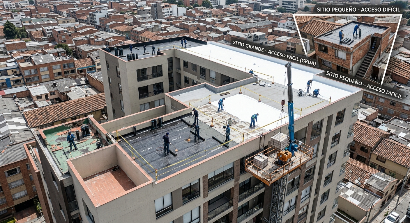 Paso 3: impermeabilización de cubiertas en Bogotá según área y accesibilidad, sitio grande con grúa vs acceso difícil